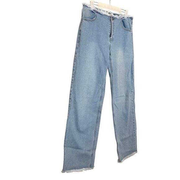 Mistress Rocks Frayed Low Rise Straight Leg In Awe Light Wash Denim Jeans Small - Picture 2 of 5